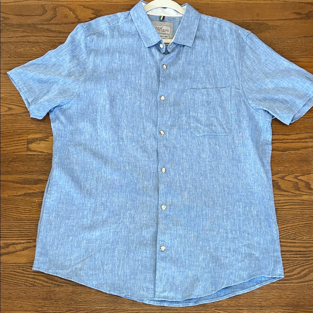 Bruno Positano Shirt Men’s XL Blue Washable Linen Resort Wear Button-Up Shirt